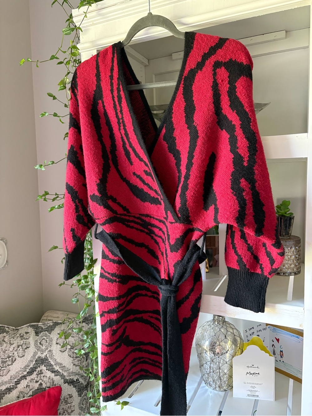 SHEIN Red & Black Zebra-Print Belted Wrap Coat